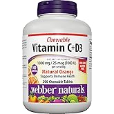 Webber Naturals Vitamin C+D3, 200 Chewable Orange Tablets, 1000 mg of Vitamin C with 1000 IU of Vitamin D3 Per Serving, Bones, Teeth, Immune and Antioxidant Support, Non GMO, Dairy & Gluten Free
