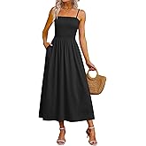 OFEEFAN Womens Spaghetti Strap Maxi Dresses Smocked with Pockets 2026 Summer Spring Casual Boho Beach Long Sundresses