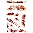 Halloween Temporary Face Tattoos Realistic Chucky Tattoos Zombie Makeup Tattoos Chucky Costume Adult Women Men Kids Fake Stitches Scary Bloody Scar Tattoos Stickers Good Guys Overalls Zombie Costume