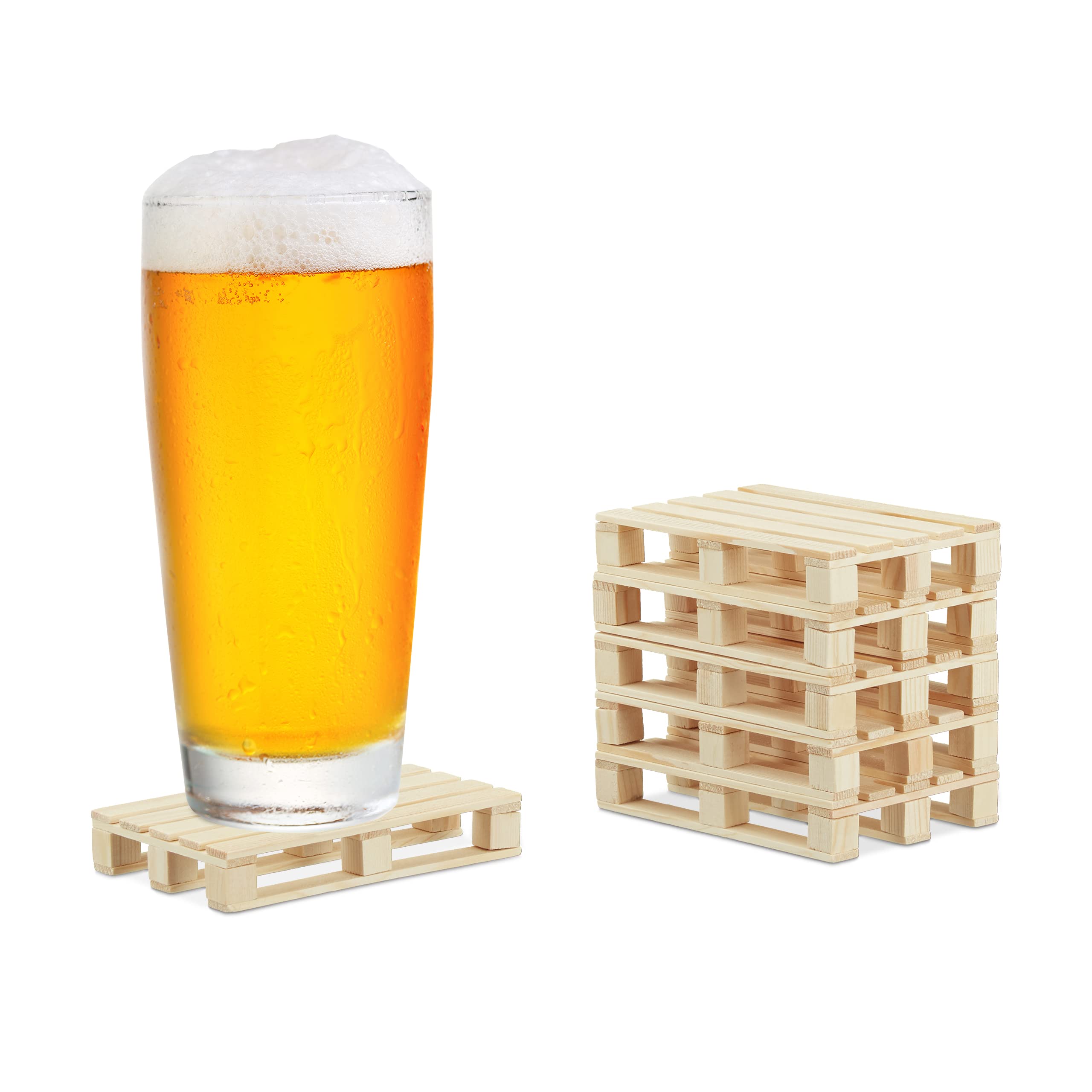 Set of 6 Relaxdays Pallet Coasters, Mini Wooden Beer Support for Glasses, Cups, 2 x 12 x 8 cm, Natural Colour