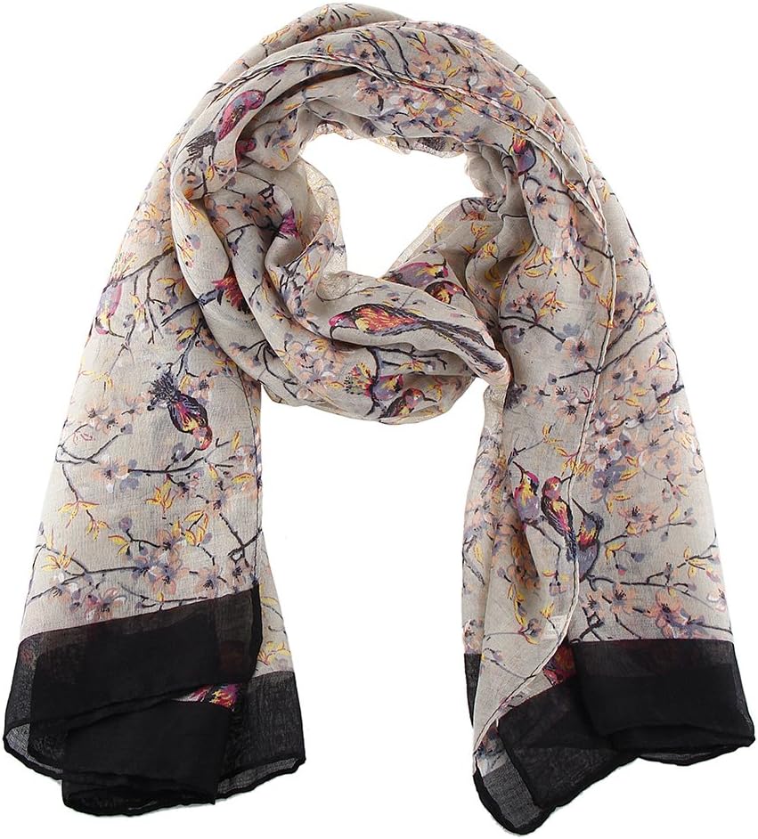 Japanese Bird Print Scarf Ladies Fashion Scarves Grey OverSized