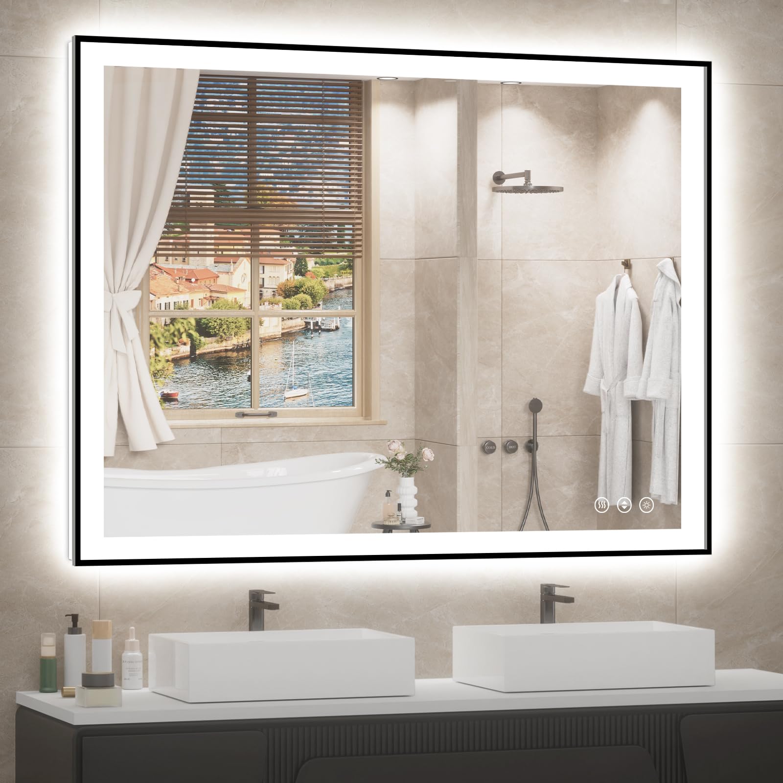 Photo 1 of 48x36 LED Bathroom Mirror with Lights, Black Aluminum Framed, Backlit + Front Lit, Lighted Bathroom Vanity Mirror for Wall, Anti-Fog, Memory Function, Dimmable, Shatterproof ETL Listed