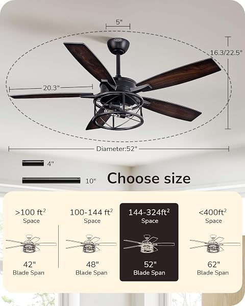 EDISHINE 52″ FARMHOUSE CEILING FANS WITH LIGHTS, 10%-100% DIMMABLE, REMOTE CONTROL, 5 WOOD BLADES, 1/2/4/6H TIMER, 6 SPEEDS REVERSIBLE DC MOTOR, RUSTIC CEILING FAN FOR BEDROOM LIVING ROOM, UL LISTED
