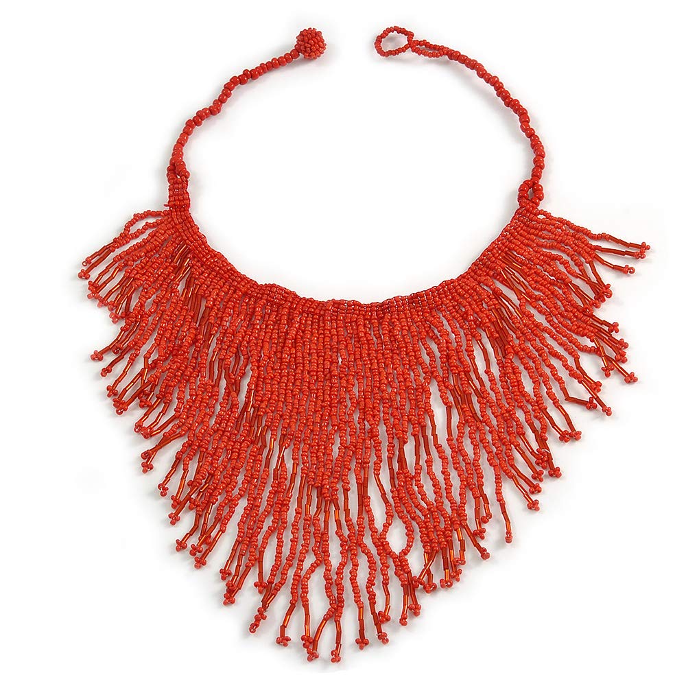 Avalaya Glass Bead Bib Style/Fringe Necklace In Brick Red/40cm L/ 17cm Front Drop