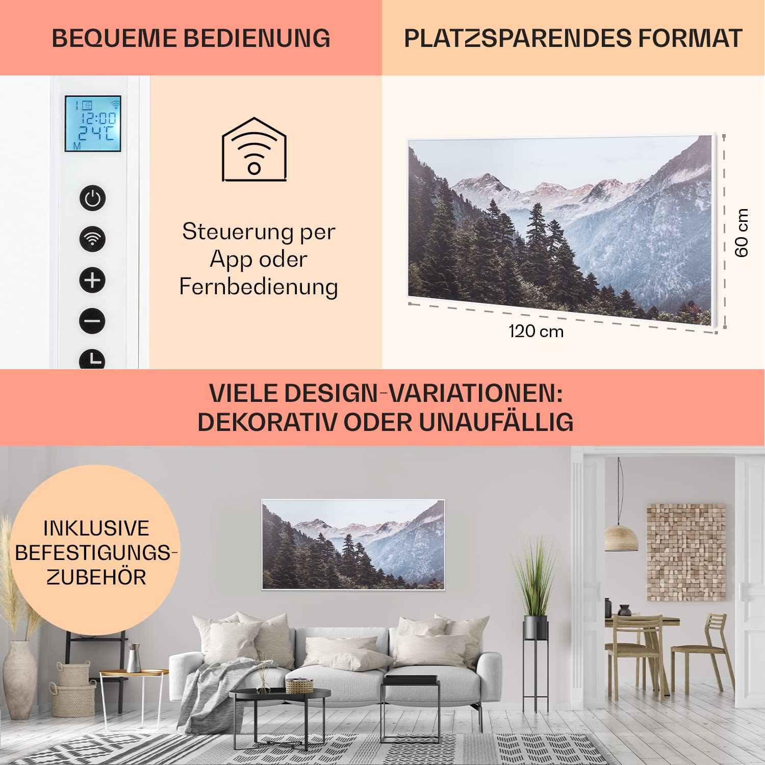 Klarstein Infrarotheizung mit Thermostat, 700W Elektroheizung, Smart Home Bild-Infrarotheizung zur Wandmontage, IR mit IoT/WiFi App-Control, Feuchtraum Flach-Heizkörper, CO2-Freie Wand Heizung 6