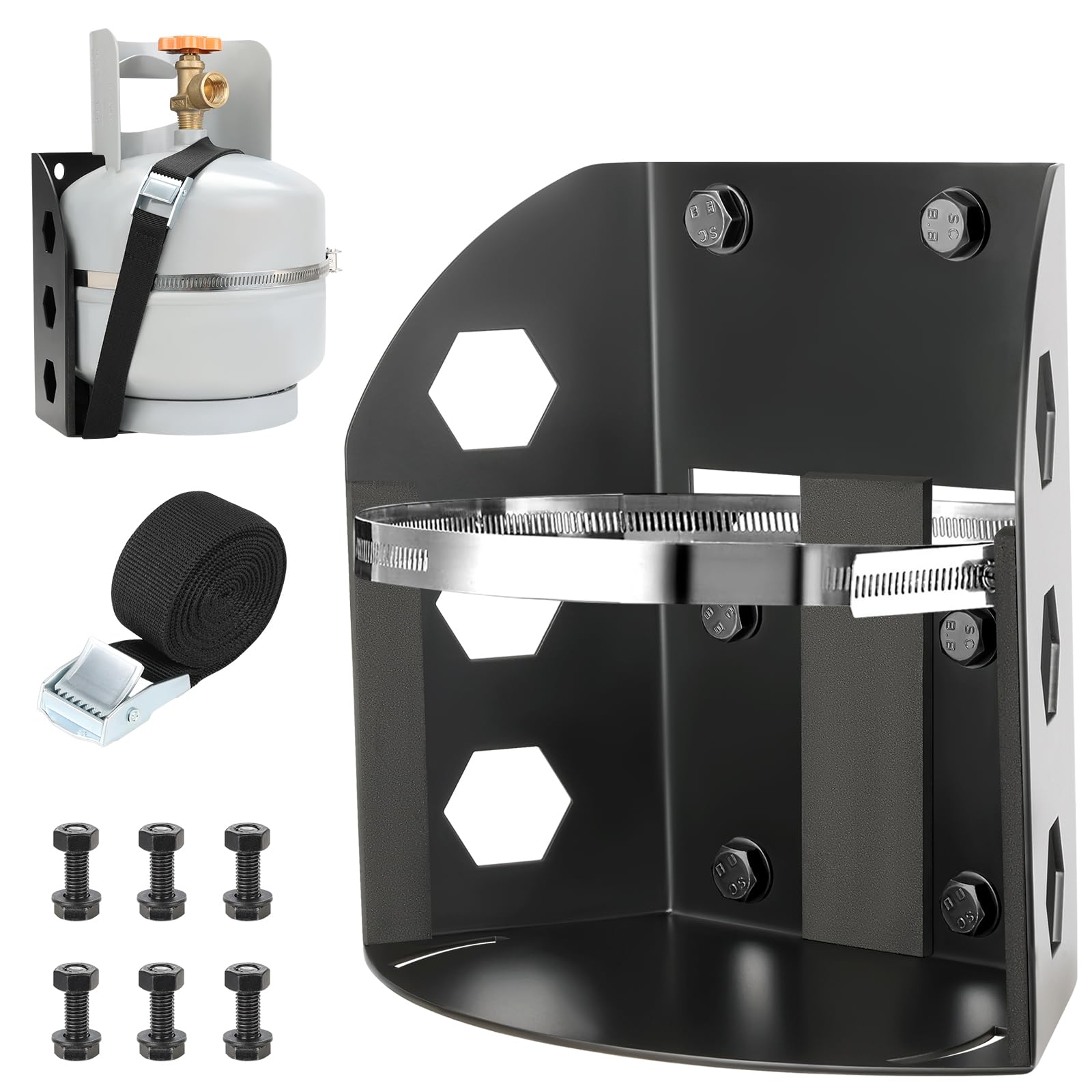 Photo 1 of SKYJDM Propane Tank Holder for 5lb Tanks,Thickened Mount Bracket with 2 Straps and Protective Padding for Truck, Car, RV, Trailers, Camping, Fit 8 in Diameter Bottle