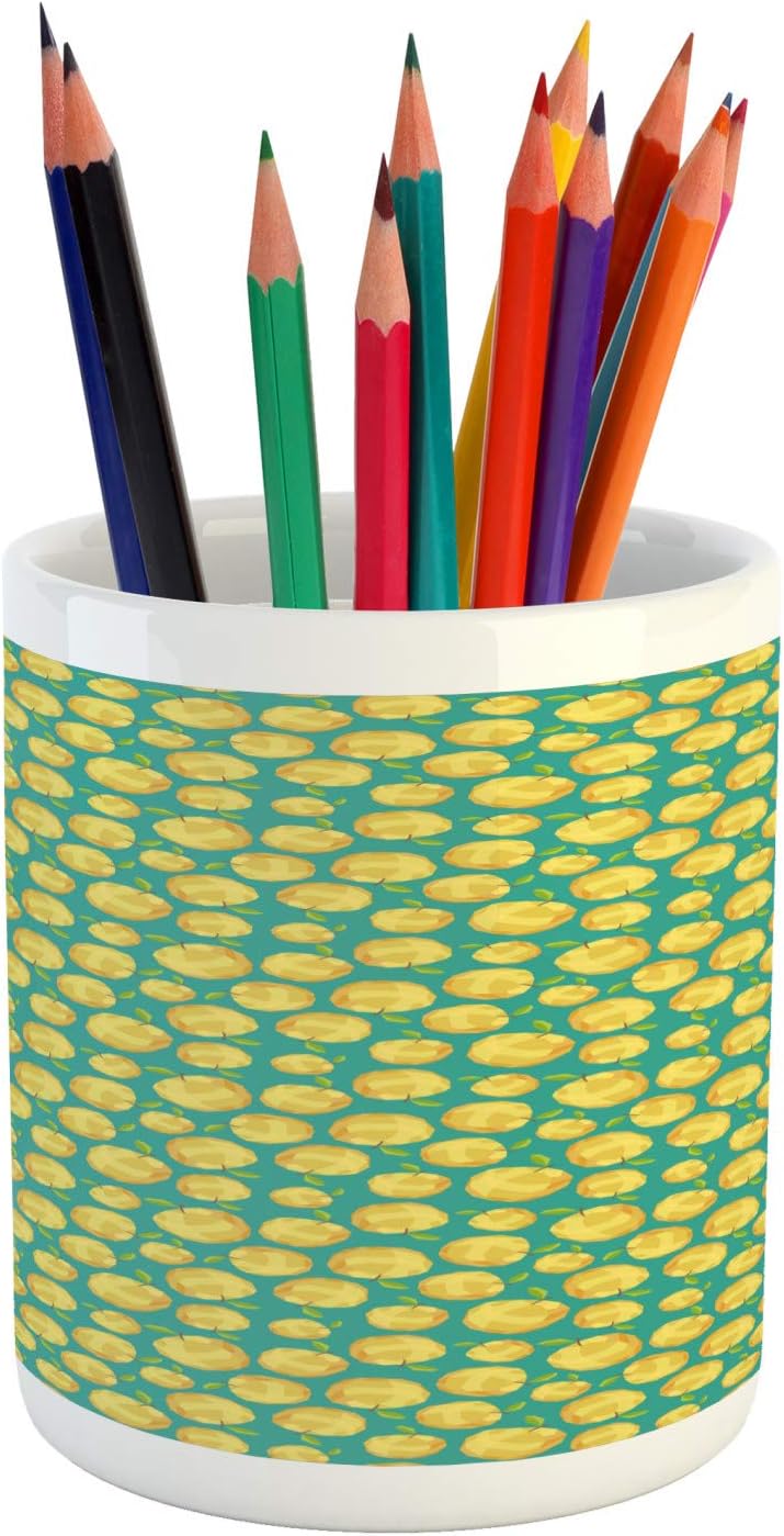 Ambesonne Fruit Pencil Pen Holder, Polygon Patterned Apples Fresh Tones Illustration, Ceramic Pencil Holder for Desk Office Accessory, 3.6