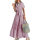 Women Summer Striped Maxi Long Button Down Short Sleeve Tie Waist Tiered Casual Dress