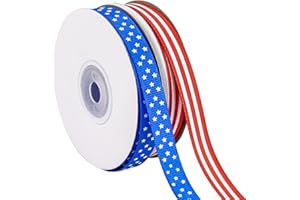 DHAIQC 2 Rolls 50 Yards Patriotic Grosgrain Ribbon 3/8 Inch, Red White and Blue Ribbon Stars and Stripes Ribbon for Gift Wrapping Memorial Day 4th of July Independence Day Decorations