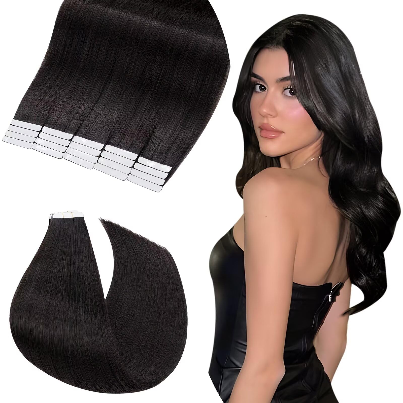 UK-Fashion-Shop Tape in Human Hair Extensions Real Hair Piece Black 20Pieces 40g Short Straight Skin Weft Seamless Remy Hair (1B Natural Black)