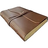 Rustic Town Full Grain Leather Photo Album with Gift Box - Scrapbook Style Pages (Large, Brown)