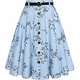 Belle Poque Women's Vintage Stretch High Waist A-Line Flared Midi Skirts with Pockets & Belts