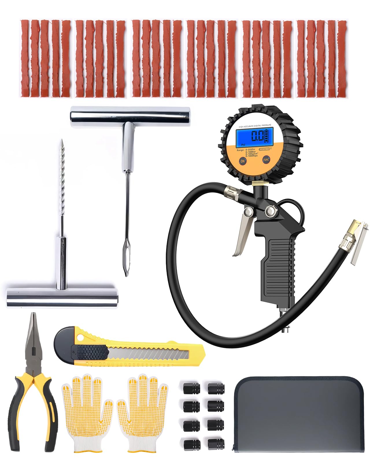 Photo 1 of YANTU Tire Repair Kit With Plugs And Digital Tire Pressure Gauge & 30 Rubber Strips,Tire Plug Kit And Tire Patch Kit With Heavy Duty Professional Tool Set for Car, Motorbike, UTV, Off-Road Emergencies
