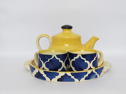 Hindustani Saudagar Ceramic Handmade Painted Kettle with Cups Tea Set (Multicolour)