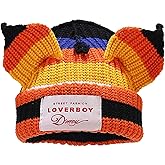 Striped Cat Ear Beanie Soft Knit Winter Hat for Women Men Y2K Punk Aesthetic Skull Cap