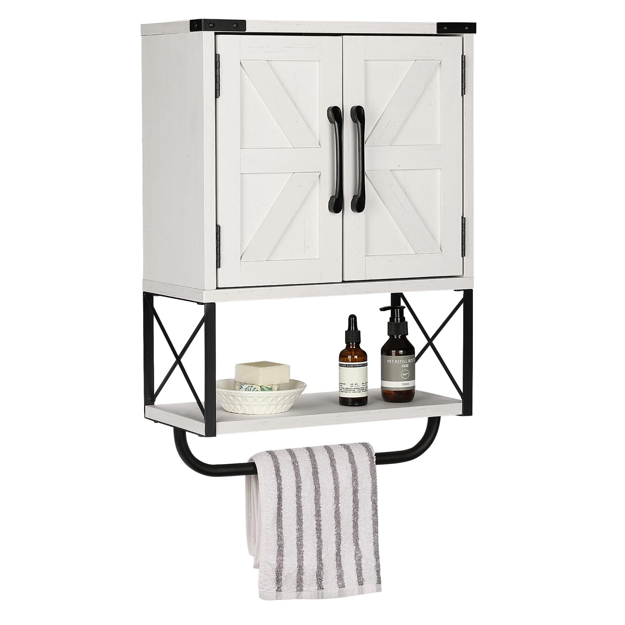 Photo 1 of RUSTOWN Farmhouse Rustic Medicine Cabinet with Two Barn Door,Wood Wall Mounted Storage Cabinet with Adjustable Shelf and Towel Bar, 3-Tier Cabinet for Bathroom, Living Room(Vintage White)