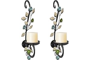 JUCONSIN Candle Sconces Metal Wall Sconce Candle Holder Set of 2, Antique Leaf Flower Wall Mount Candleholder Wall Candle Holder Hanging for Living Room, Wedding, Fireplace, Farmhouse
