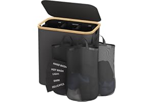 BATHOLA Laundry Hamper with Lid, 160L Dirty Clothes Hamper for Laundry Basket 3 Section, Extra Large Laundry Sorter Hamper 3 Compartment with Removable Inner Bags & Labels, Dark Grey