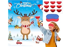 JCTHKUKU Christmas Games for Kids Pin The Nose on The Reindeer, 28" x 20.8" Holiday Party Game Poster with 36 Reusable Nose Stickers and 2 Blindfolds, Fun Christmas Party Supplies for Kids and Adults