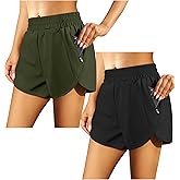 URATOT 2 Pack Women's Athletic Shorts Quick Dry High Waisted Running Shorts with Zip Pocket Gym Elastic Workout Short