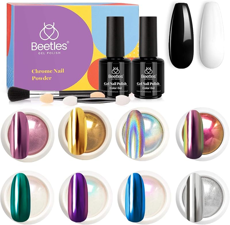 Beetles Chrome Nail Powder Kit with 8 Colours Holographic Pearl Iridescent