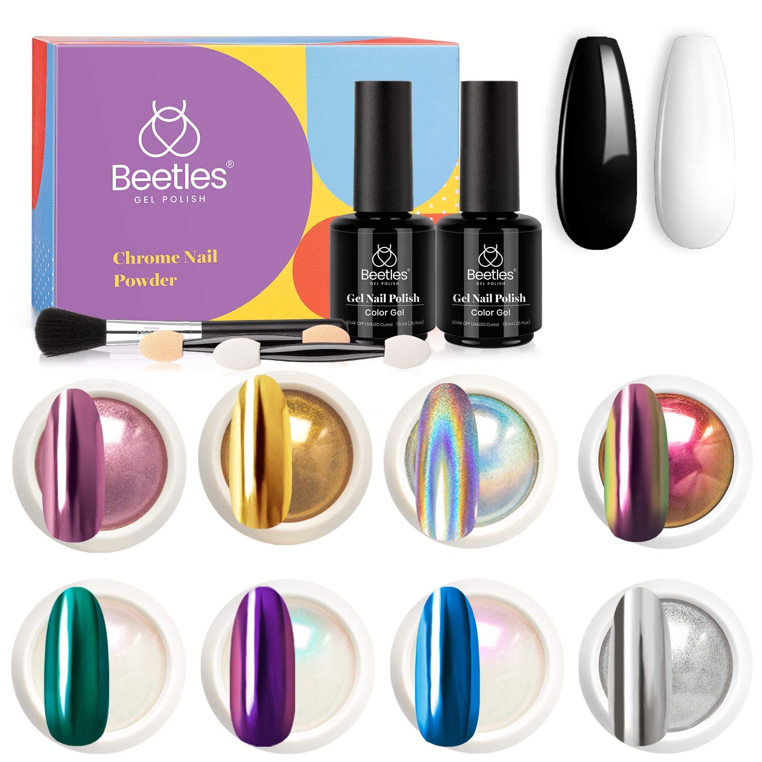 Beetles Chrome Nail Powder Kit with 2 Colours Gel Polish Mirror Effect Holographic Aurora Iridescent Pearlescent Manicure Art Decoration Glitter, Holo Nail Powder 8 Colours 1g or 0.5g/Jar