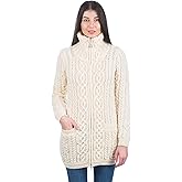 SAOL Ladies Irish Aran Zip Cardigan - 100% Merino Wool Ireland Coat with Pockets and Raised Collar