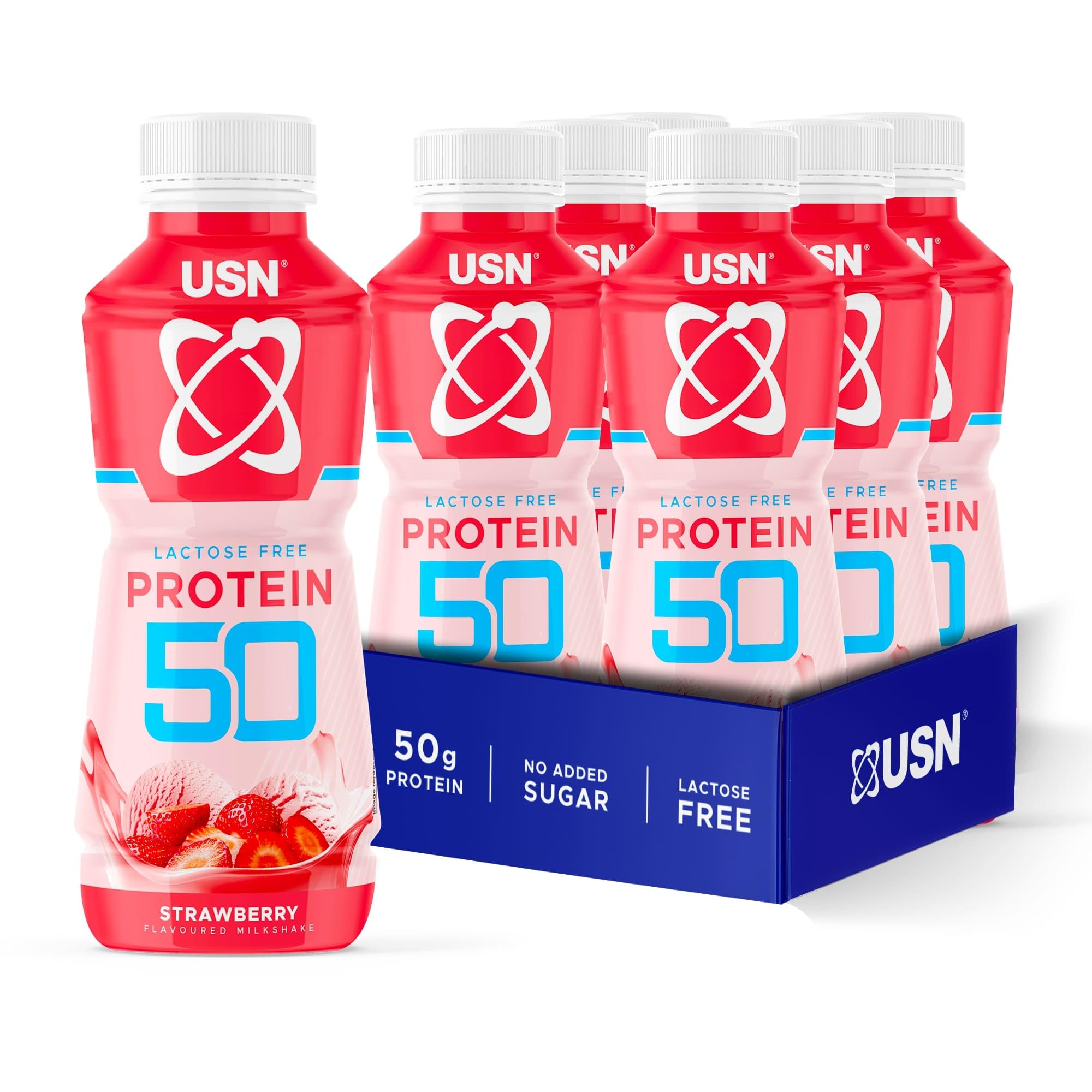 USN Trust 50 Protein Shakes Strawberry 6 x 500ml – High Protein Ready to Drink – 50g Protein – Low Fat – No Added Sugar – Lactose-Free – Guilt-Free Shakes for Muscle Recovery - Packaging may vary