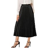 Allegra K Women Pleated Skirt Midi Length Elastic High Waisted A Line Swing Flare Metallic Shirring Party Valentines Skirts