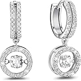 Sterling Silver Huggie Hoop Earrings with Charms Dancing Diamond Drop Earrings for Women Sparkling Round Halo CZ Dangle Hoop Earrings Clear Crystal Fashion Jewelry Gift for Daughter Mom Birthday Party