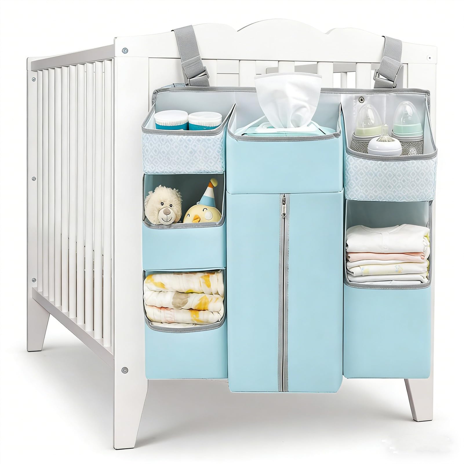 HB.YE 7 in 1 Multi-functional Diaper Hanging Organizer Waterproof Baby Caddy Organiser Storage Nursery Crib Hanging Nappy with Drawers ​for Kids Cot - Aqua Blue