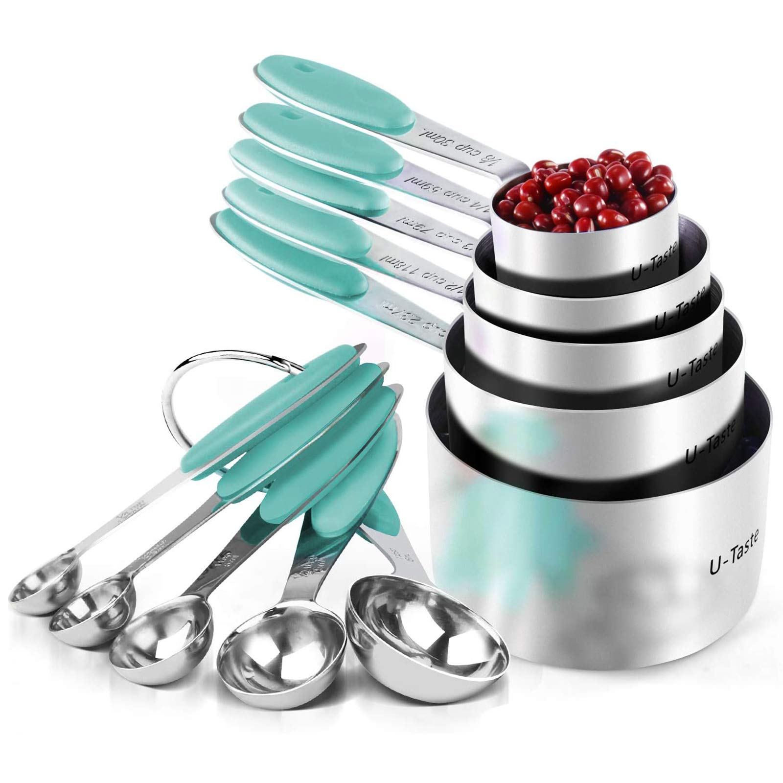 U-Taste 18/8 Stainless Steel Measuring Cups and Spoons Set of 10, Upgraded Thickness Handle (Aqua Sky)