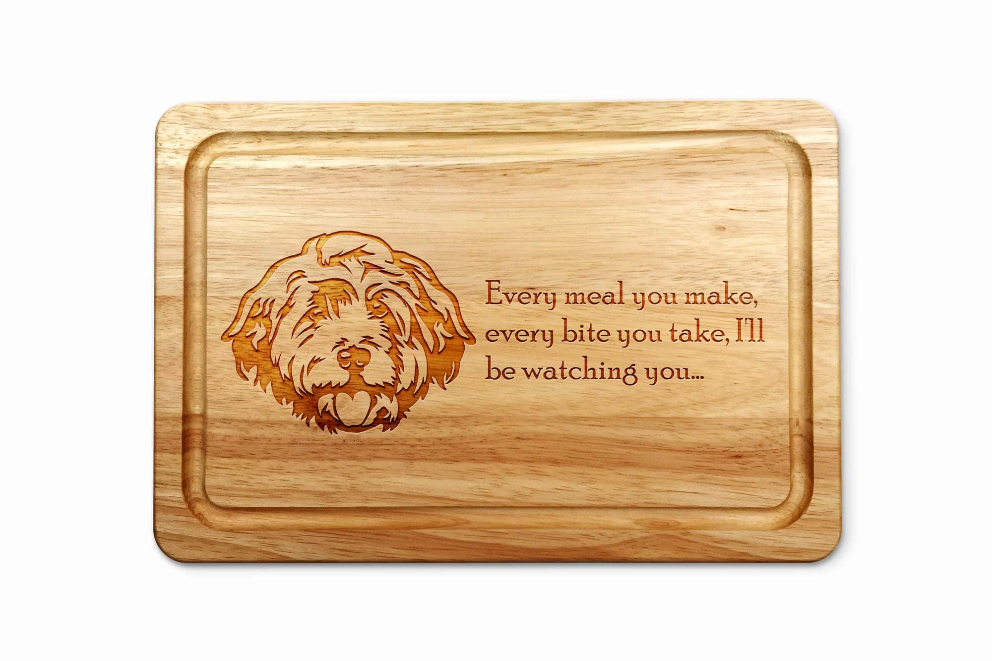 Hardwood Chopping Board with Cockapoo Dog Design - 30x20 cm Kitchen Cutting Board with Juice Groove - Gift Idea for Him or Her, Christmas & Birthdays - Made in The UK