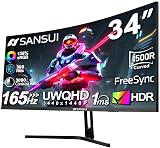 SANSUI 34-Inch Curved Gaming Monitor UWQHD 3440 x 1440 Up to 165Hz Curved 1500R - PIP/PBP, 1ms(MPRT), HDR, 300nits, sRGB 125%, DCI-P3 95%,FreeSync,HDMIx2,DP1.4 x2 (DP Cable Included)