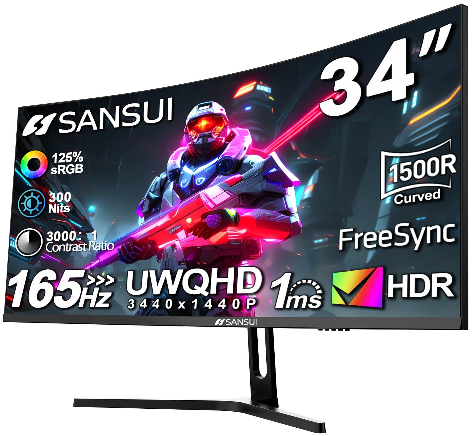 Photo 1 of SANSUI 34-Inch Curved Gaming Monitor UWQHD 3440 x 1440 Up to 165Hz Curved 1500R - PIP/PBP, 1ms(MPRT), HDR, 300nits, sRGB 125%, DCI-P3 95%,FreeSync,HDMIx2,DP1.4 x2 (DP Cable Included)
