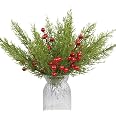 10 Pine Branches + 4 Red Berry Stems – Real Touch Christmas Decor For Vase & Wreaths