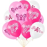 Ysqool 18 Pink Ribbon Breast Cancer Awareness Balloons, 12Inch Latex, Believe Love Butterflies, Pink &amp; White, Support Supplies, Party Decor