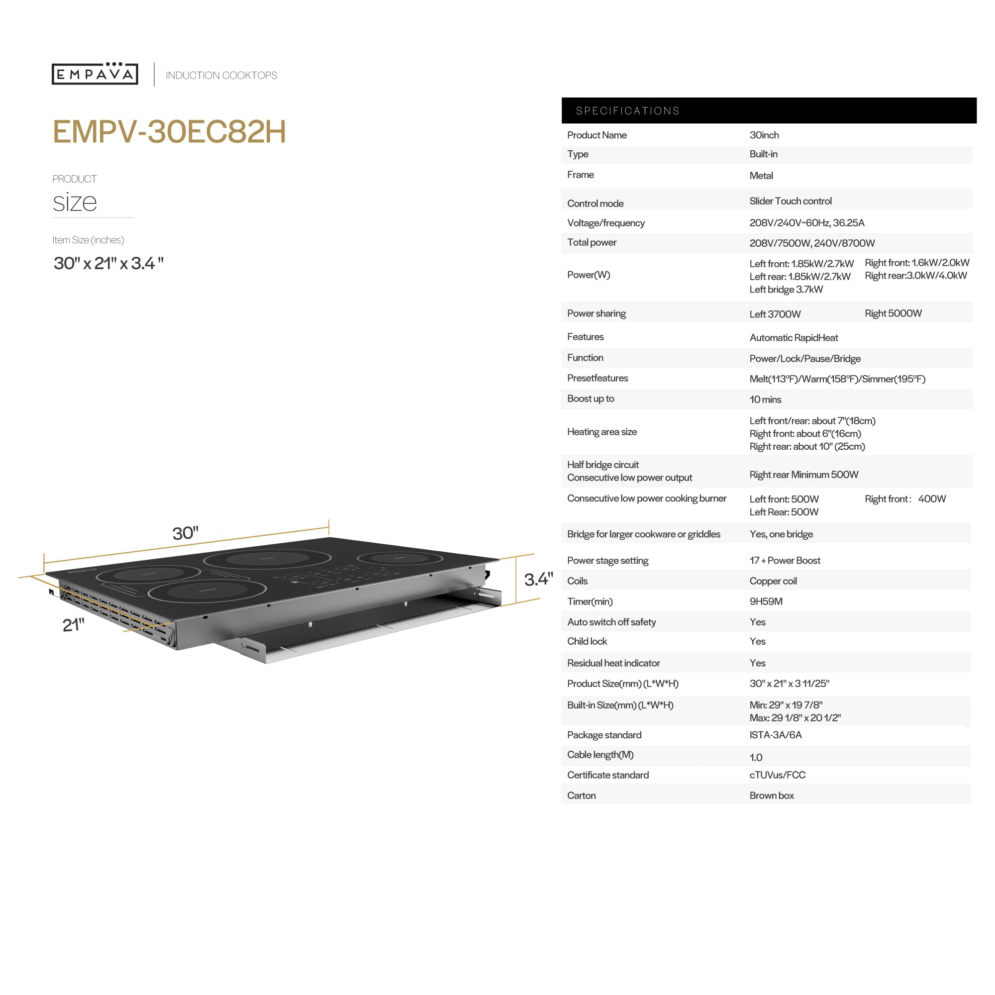 Empava 30 Inch Built-in Induction Cooktop 4 Burner, Bridge-SYNC, Auto RapidHeat 3 Preset Modes, Pan Sensor, Hardwired 208~240V, 40A, Black Vitro Ceramic Glass