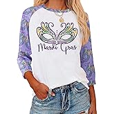 OCURHU Women Mardi Shirt 3/4 Sleeve Fat Tuesday Tshirt New Orleans Party Mask Graphic Outfits