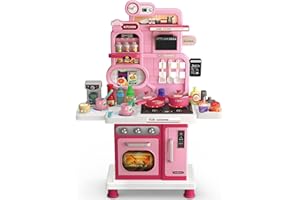 LETAPAPA Play Kitchen Set, Kids Kitchen Playset with Realistic Sound & Light, Cooking Stove, Sink, Play Food and Accessories, 57 Pcs Kitchen Toys Gifts for Toddlers 2-4 3-5 Girls (Pink)