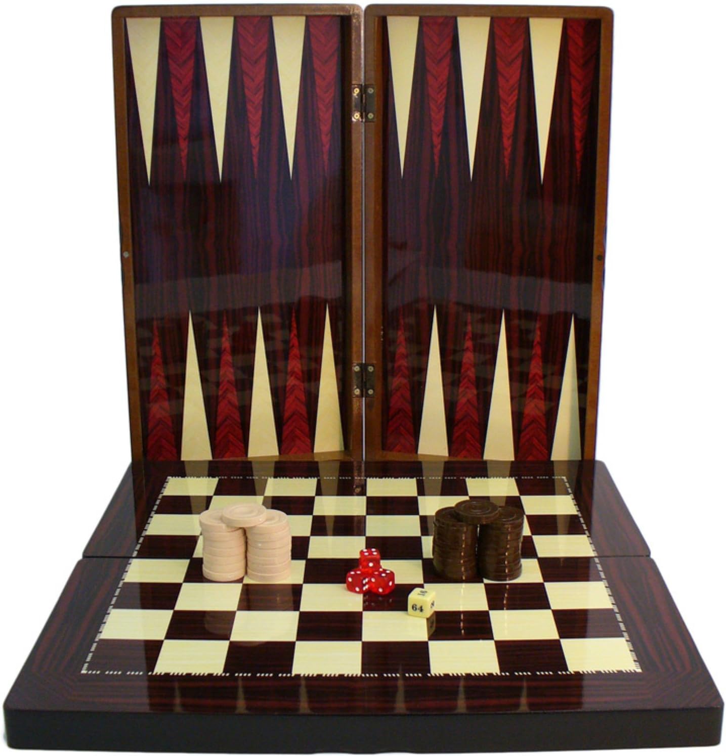 High Gloss Wood Grain Folding Backgammon Set with Chessboard by World Wise Imports