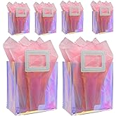 Caleihd 6PCS Holographic Clear Gift Bags with Tissue Paper, 7.9 * 7.1 * 3.9 inch with Handles,Treat Bags Goody Bags,for Christmas, Birthday Party, Weeding Gift Bags Party Supplies