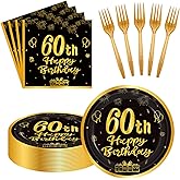 LDFDRT 60pcs 60th Birthday Party Paper Plates and Napkins Forks Black Gold Dessert Cake Plates Party Decorations Supplies Serves 20 Guest