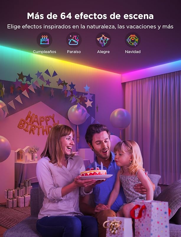 Tira LED 5M, luzes LED RGB com Controlo de Segmento, Sincronização de Música, 64 Modos de Cena, Controlo por App e Milhões de Cores para Quarto, Sala de Estar, Festa