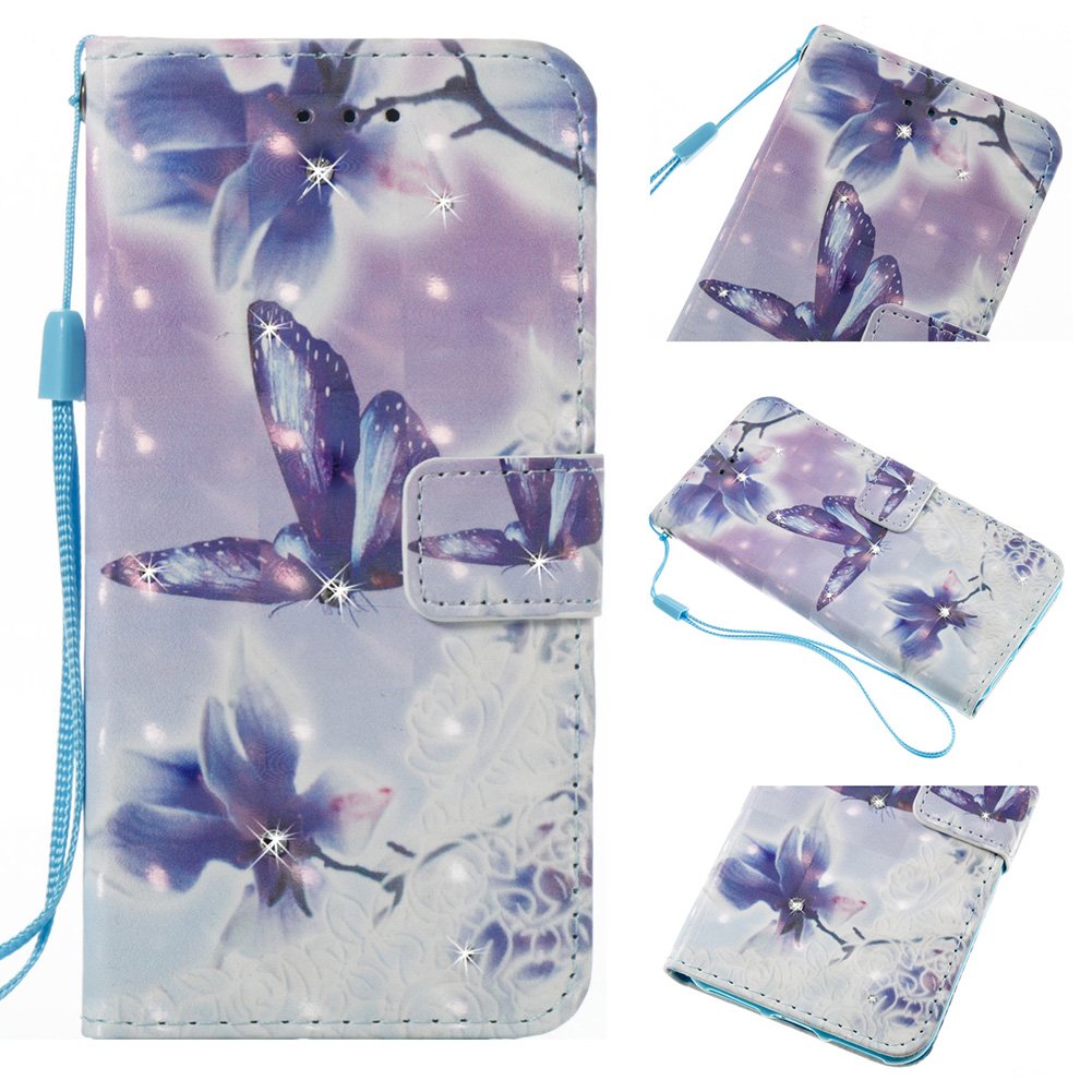 Samsung Galaxy A5 (2017) Case, Wallet Flip Cover PU Leather Case Crystal Bling 3D Design Shockproof Prints with TPU Back Holder Magnetic Closure Stand for Galaxy A5 2017 (Galaxy A5 2017, Purple)