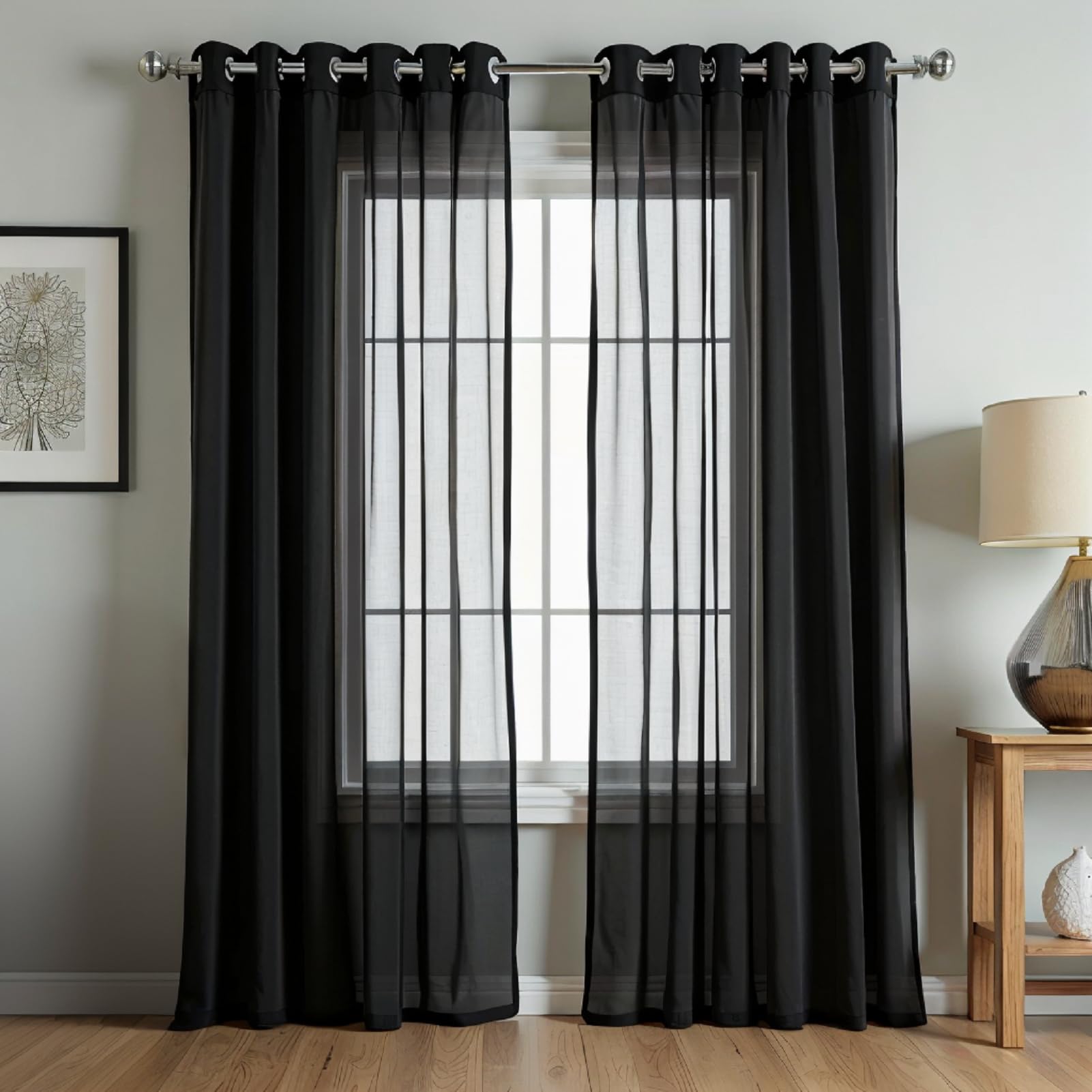 NAKIHOUSE Voile Curtain 96 Drop 2 Panels Net Curtains for Windows Eyelet Top Sheer Curtains for Kitchen Living Room Bedroom Window Treatment, Black Voiles, 52" x 96" — image 1