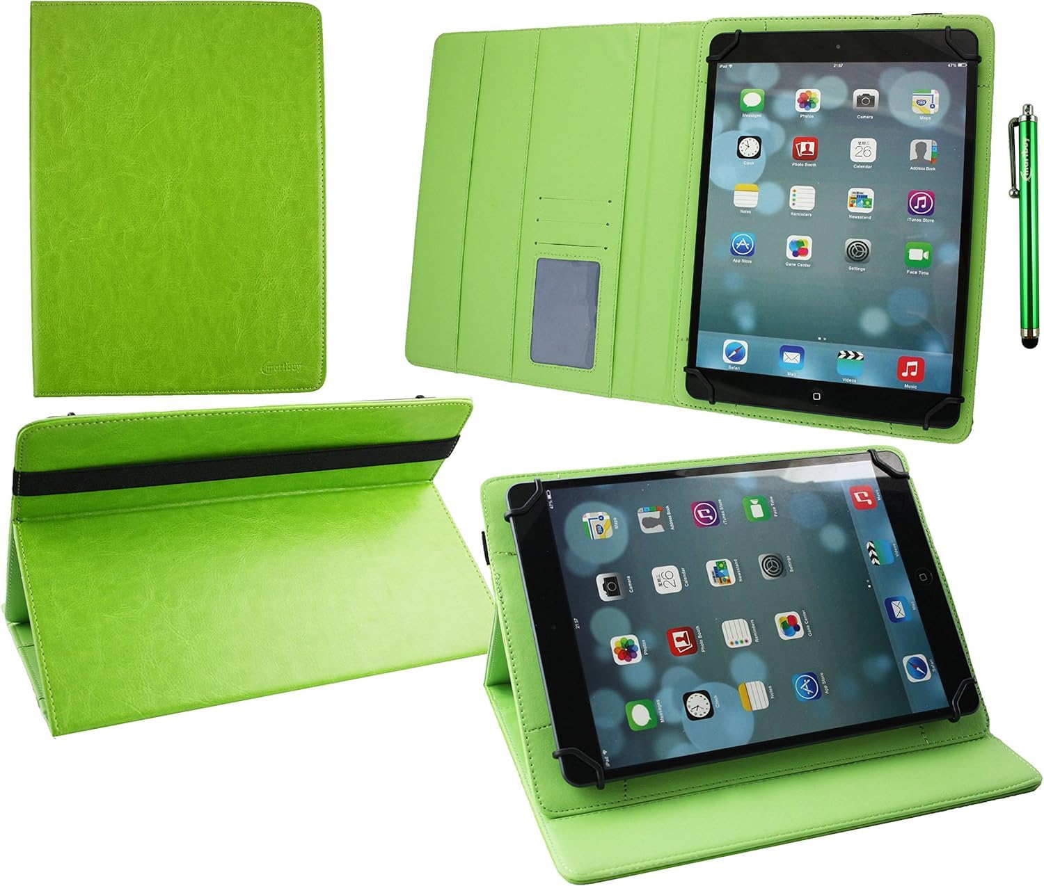 Emartbuy Universal 9.1 Inch - 10.5 Inch Green Multi Angle Folio Wallet Case Cover With Card Slots Green Interior Black Elastic Strap and Stylus Pen Compatible With Selected Devices Listed Below