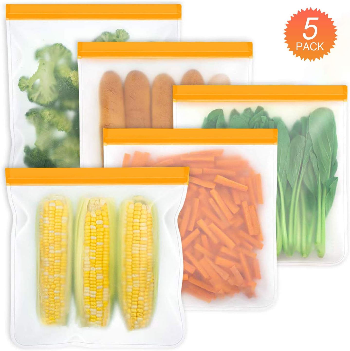 Reusable Gallon Freezer Bags 1 Gallon Ziplock Bags 5 Pack, Easy Seal