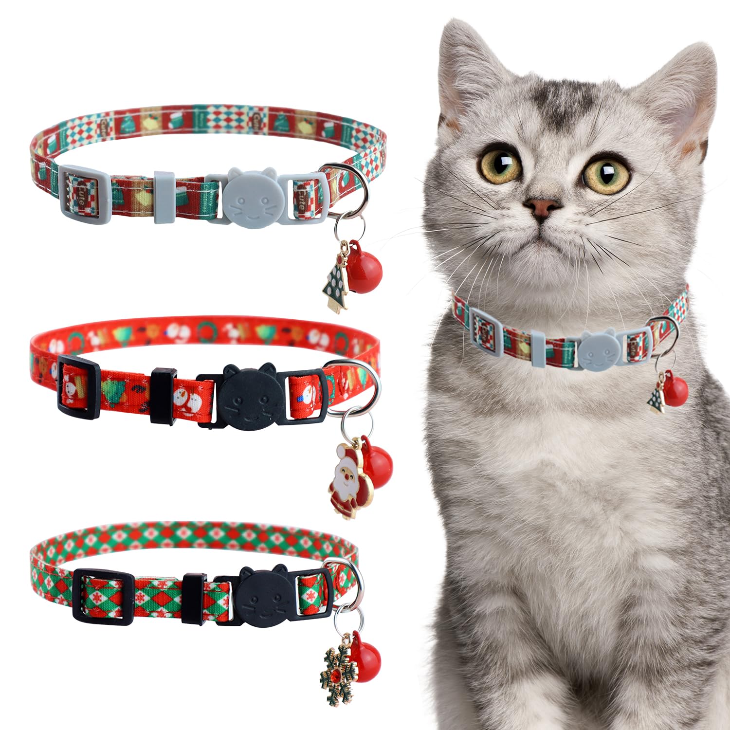 MEISH 3 Pieces Christmas Cat Collar Santa Claus Snowflake and Christmas Tree Kitten Collars Quick Release Buckle Adjustable Cat Collar for Kitten Cat