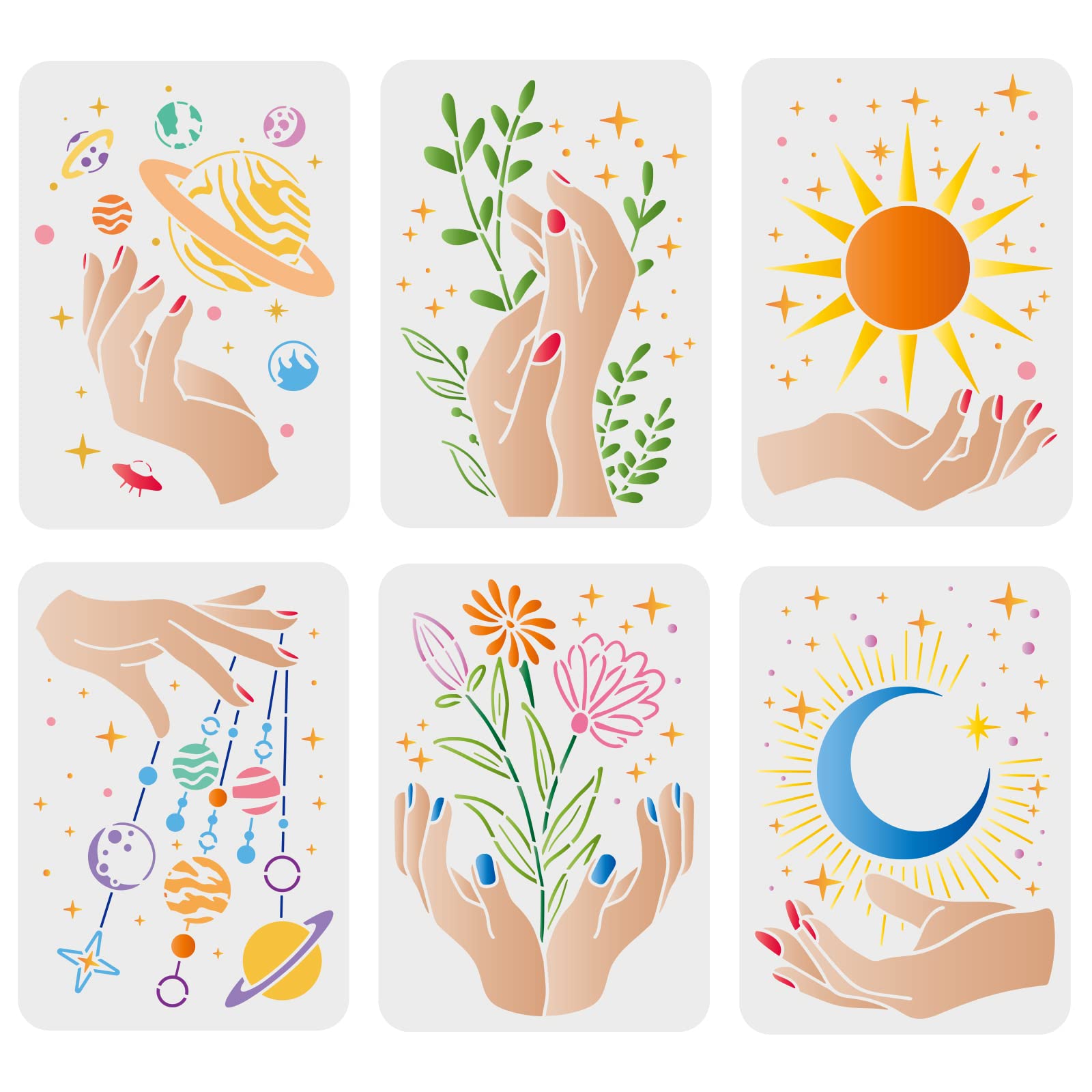 FINGERINSPIRE 6 Pcs Hand Pattern Stencils 29.7x21cm Sun Moon Star Stencils Plastic Plants Flowers Stencil Reusable Cosmic Planet Pattern Stencil for Painting on Wood, Floor, Wall and Tile